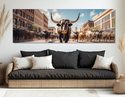 Fort Worth Bulls Canvas Framed Cotton Print – Running Bulls Poster | Ready to Hang Art
