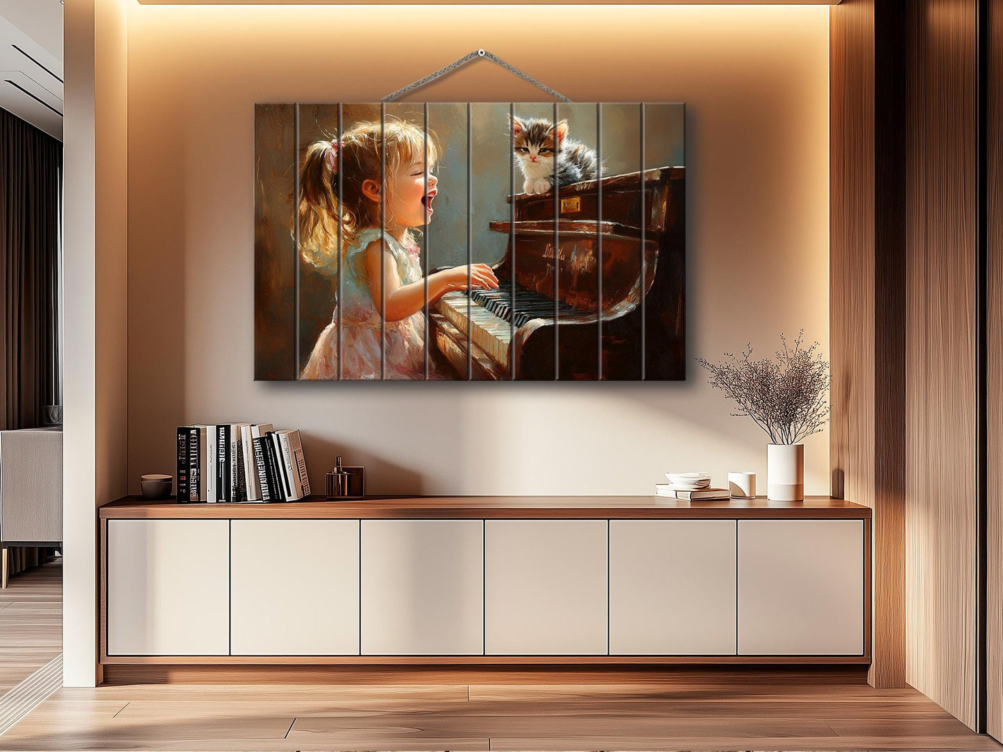 Wooden Piano Wall Art – Happy Girl Playing Piano Print on Natural Wood Plank