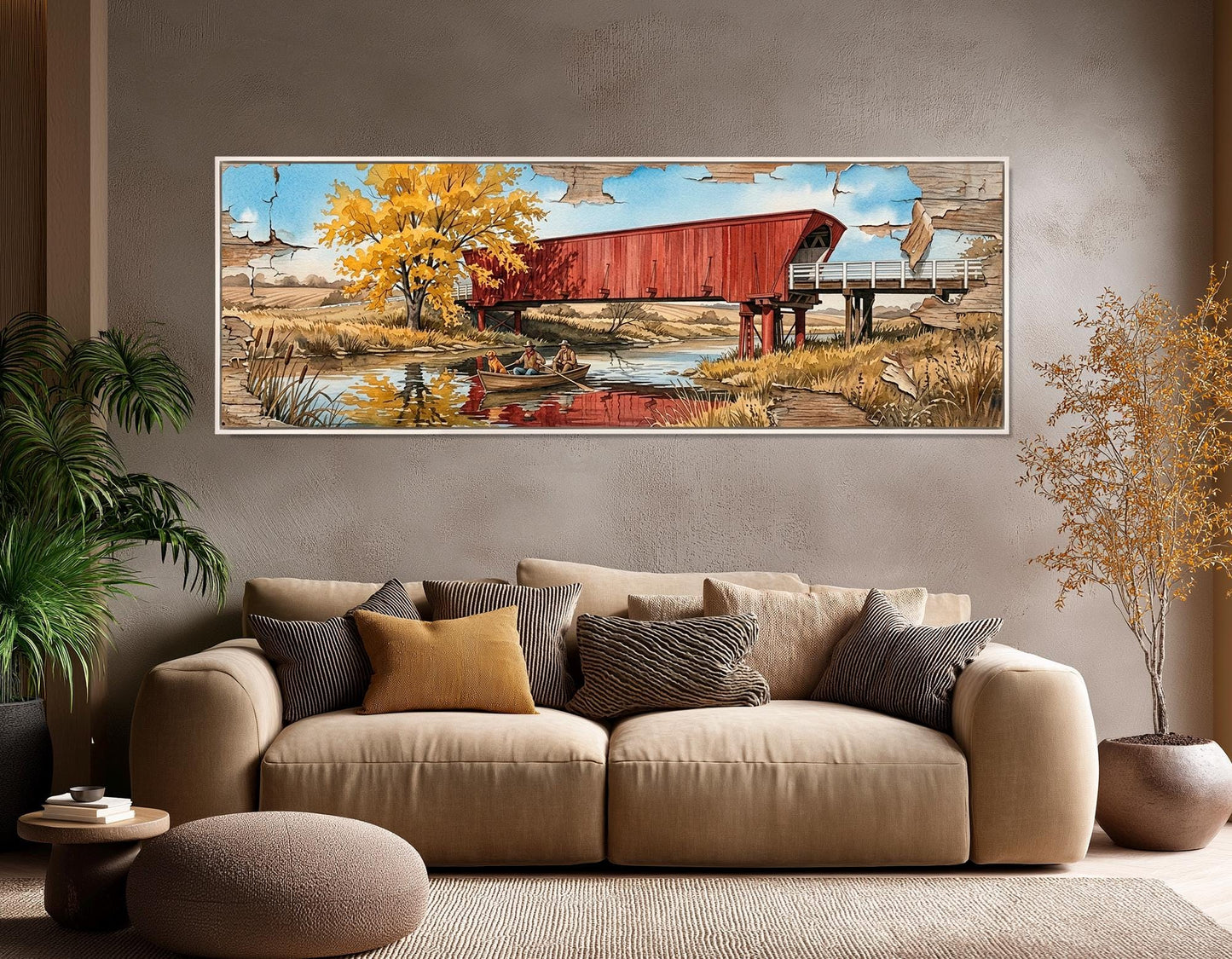 Roseman Bridge Canvas Print, Panoramic Covered Bridge Painting, Large River Wall Art, Framed and Ready to Hang