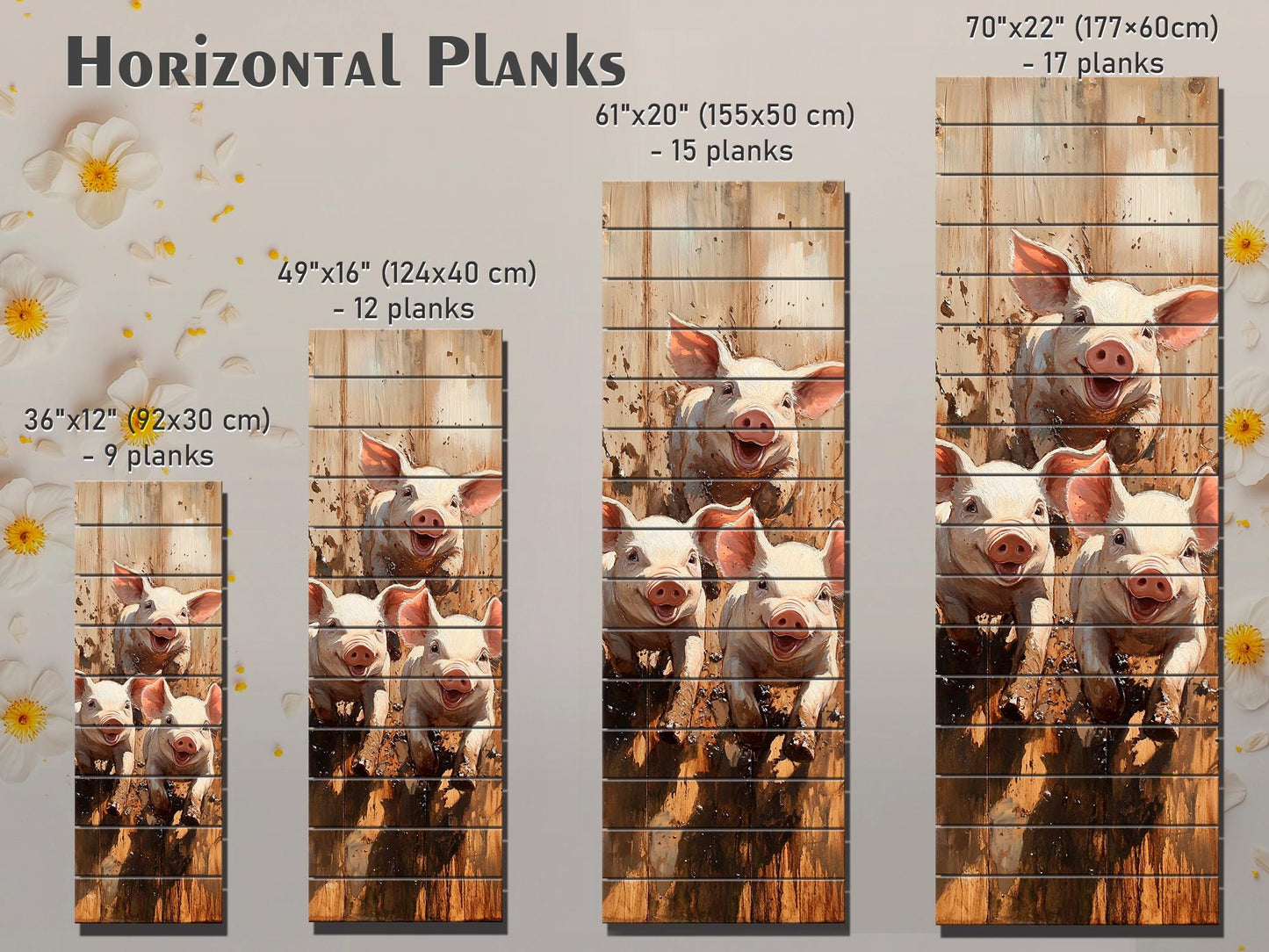 Playful Piglets in Muddy Pen Painting Printed on Natural Wood – Farm Animal Print on Rustic Linden Wood with Sunshine and Country Colors