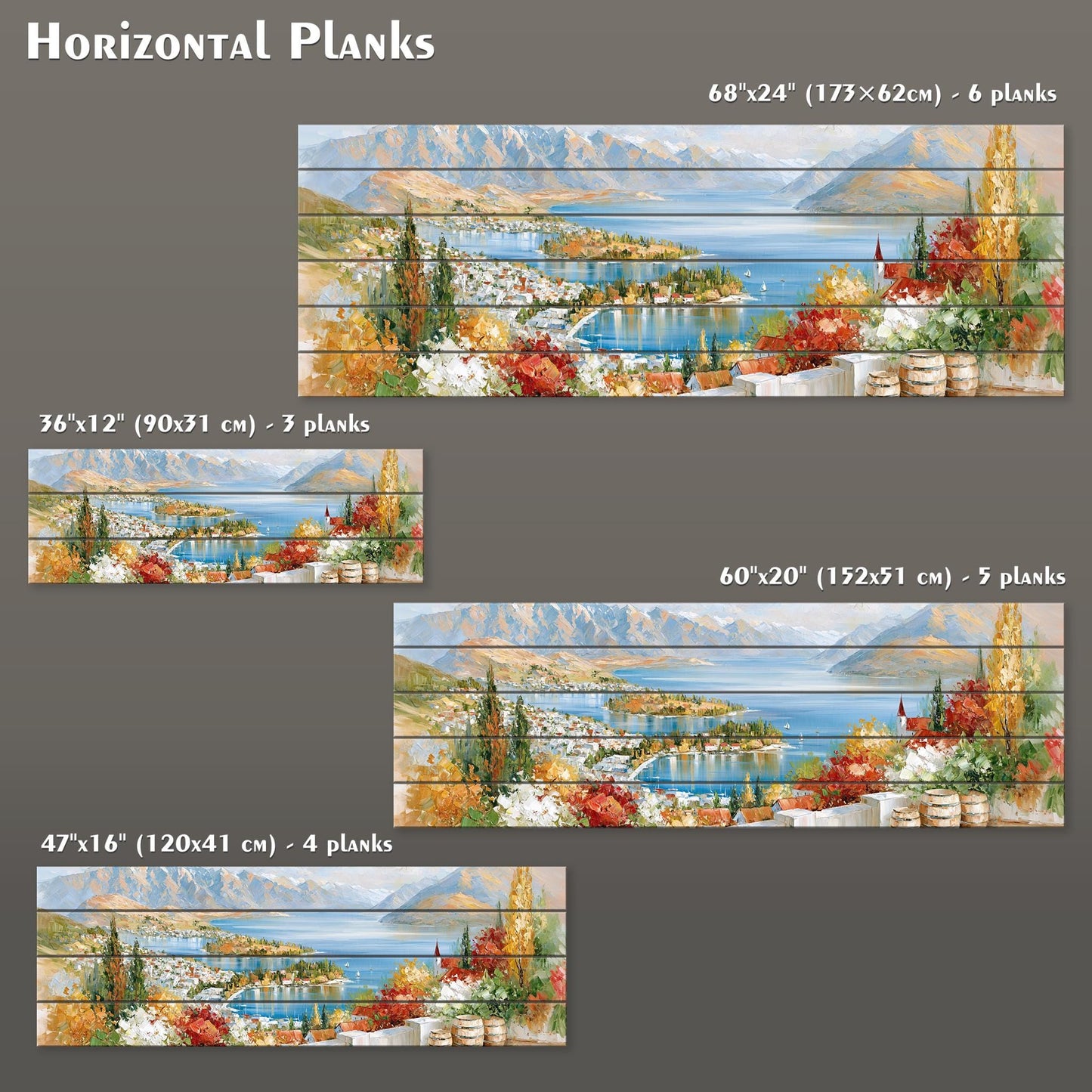 four different horizontal planks of artwork, each depicting a scenic landscape with mountains, water, and trees. The planks vary in size and are labeled with their respective dimensions, including the number of planks and the width of the artwork.