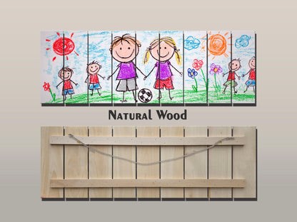 Family Crayon Art Print on Wood, Cute Kids Drawing, Rustic Nursery Wall Decor