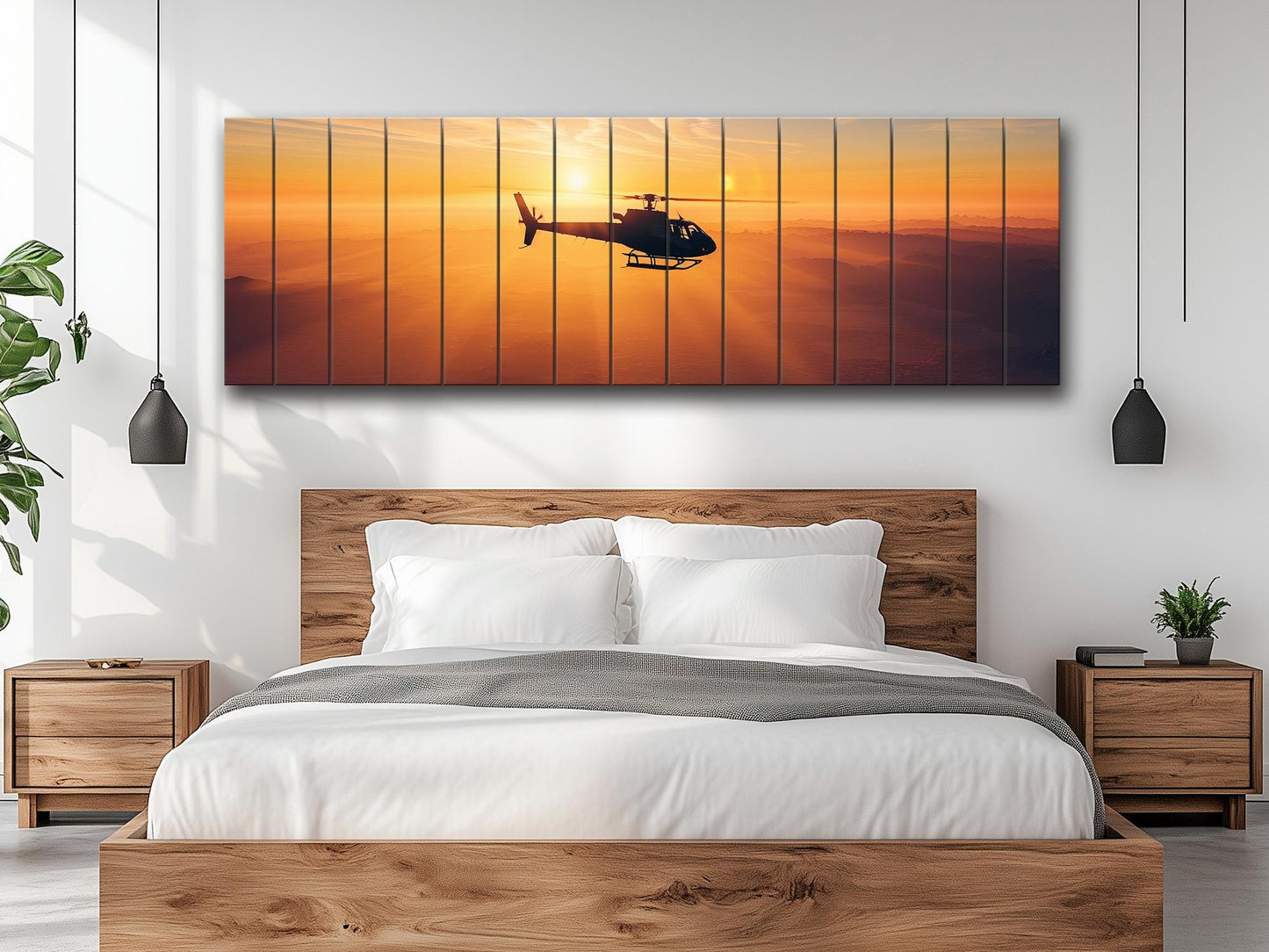 Helicopter Wall Art - Sunset Helicopter Print on Natural Wood | Ready to Hang Rustic Decor