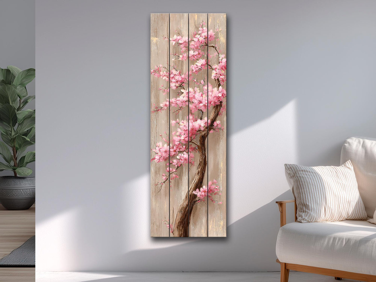 Cherry Blossom Tree with Cascading Pink Flowers Print on Natural Wood, Floral Wall Decor, Rustic Sakura Tree Painting, Floral Wall Art