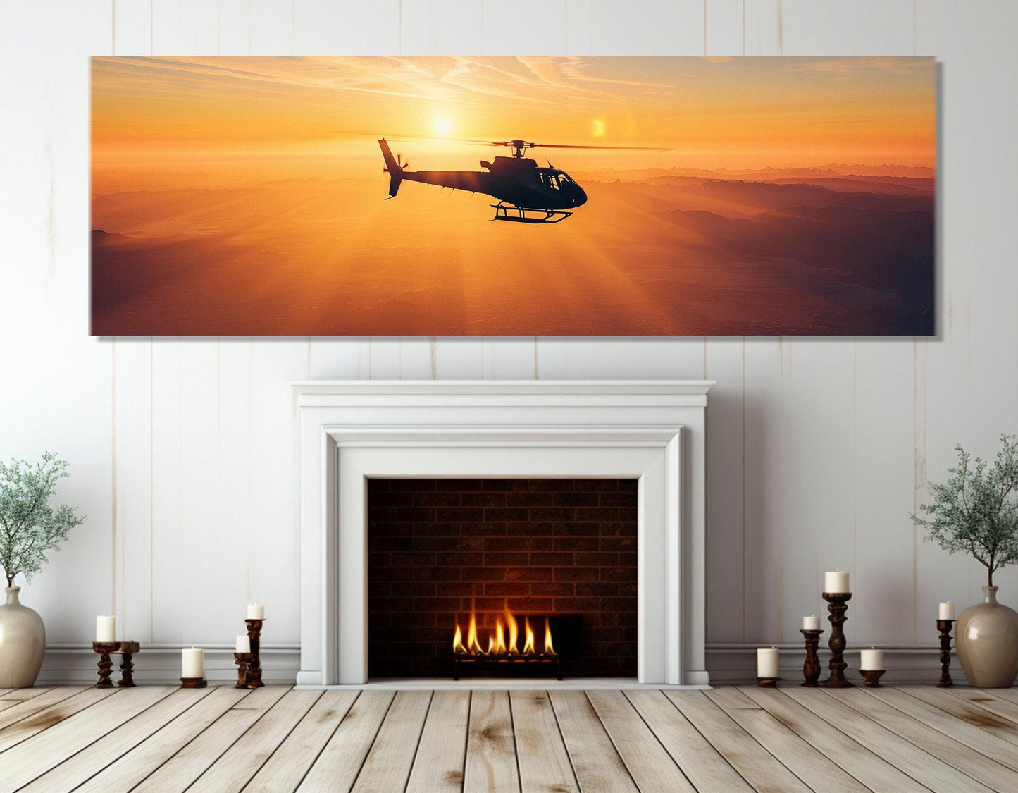Helicopter Canvas Print – Aviation Wall Art | Framed Panoramic Sunset Artwork