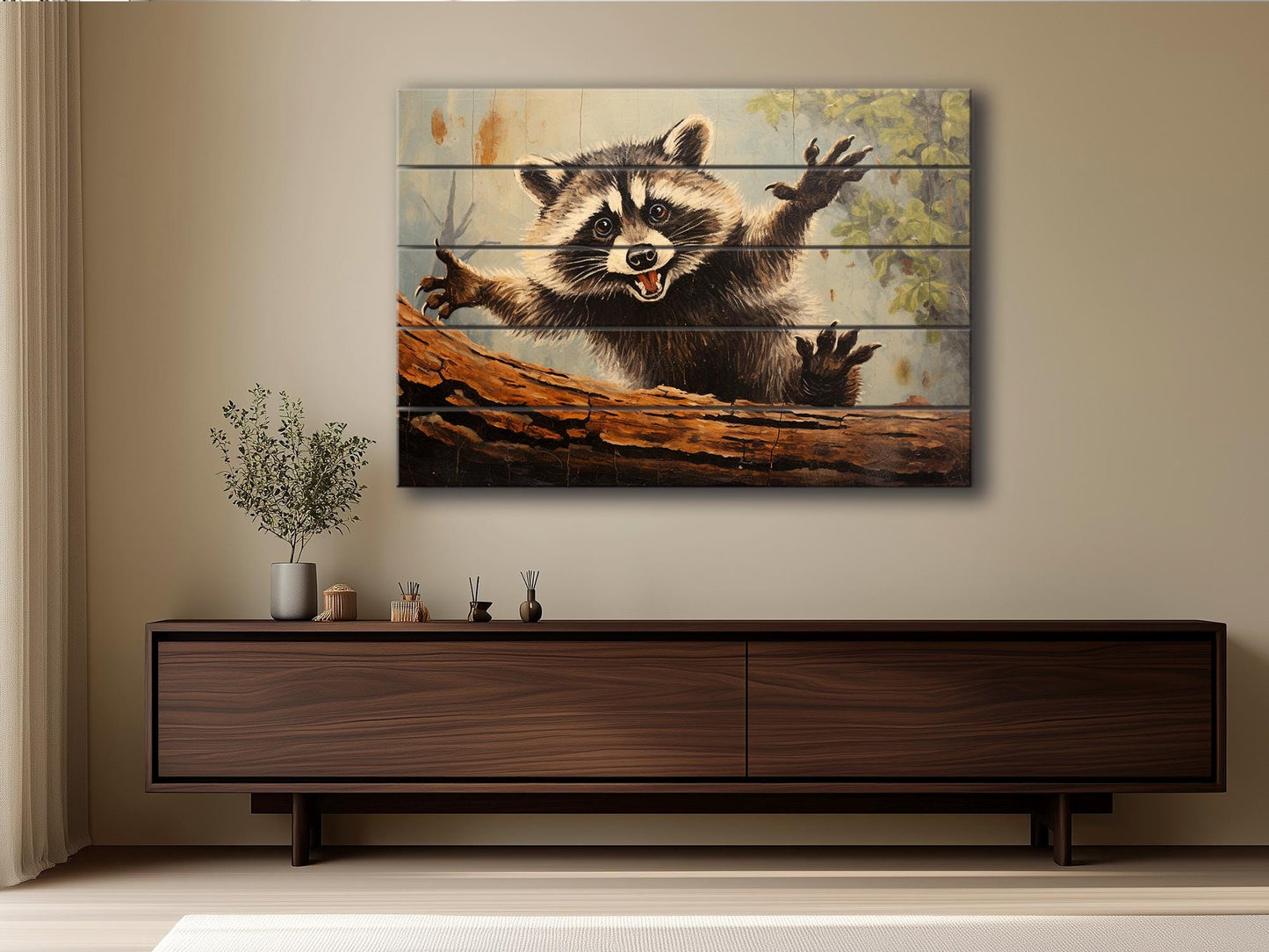 Rustic Woodland Wall Art – Happy Raccoon Wooden Wall Decor on Wood Planks