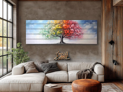 Wood Wall Art – Four Season Tree Print | Colorful Wood Art on Wooden Plank