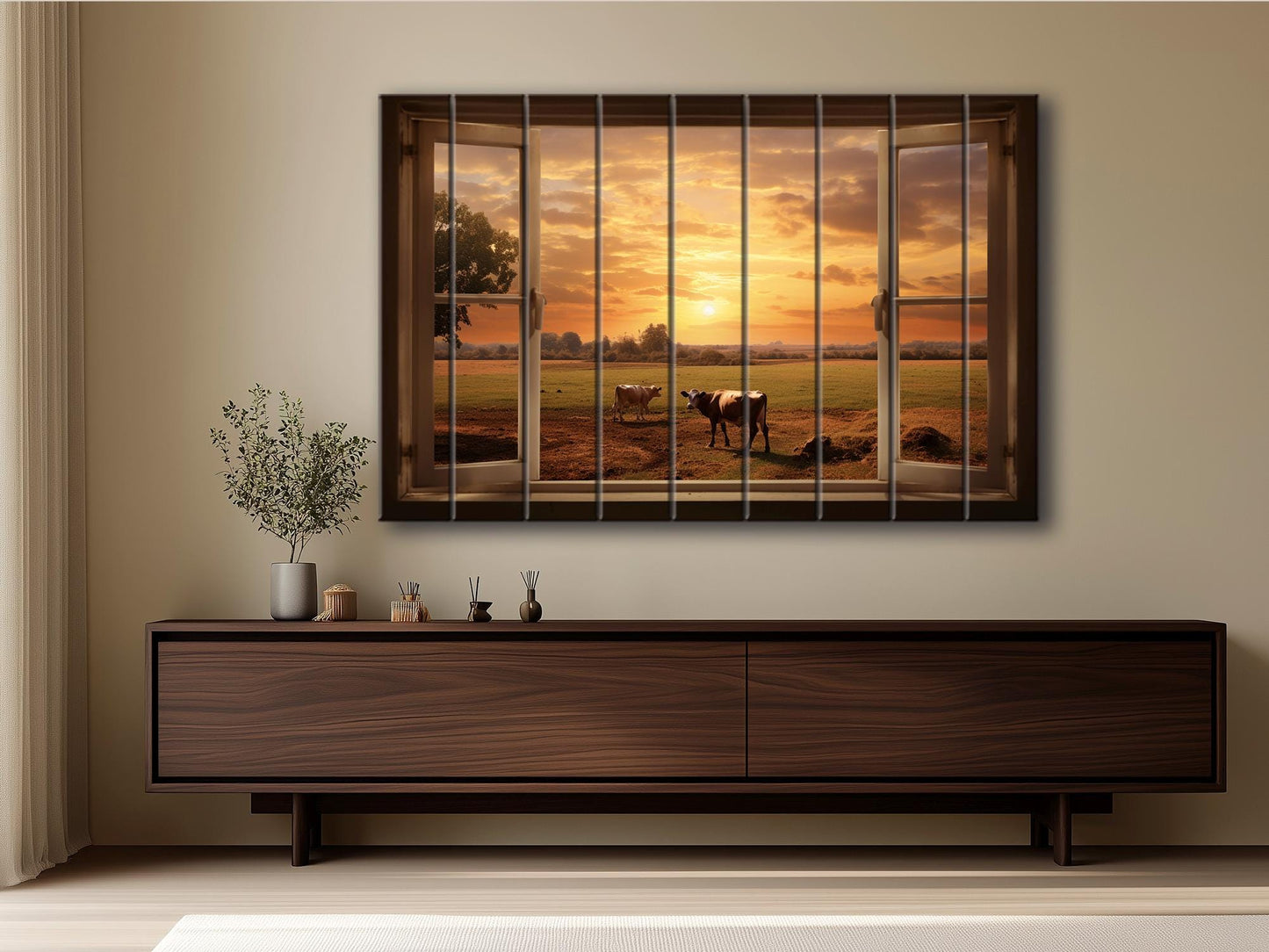 Rustic Wood Wall Art – Open Window Farmhouse Landscape Decor on Natural Wood Planks