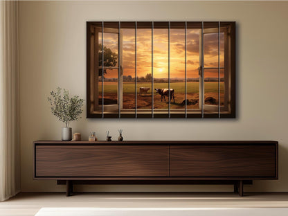 Rustic Wood Wall Art – Open Window Farmhouse Landscape Decor on Natural Wood Planks