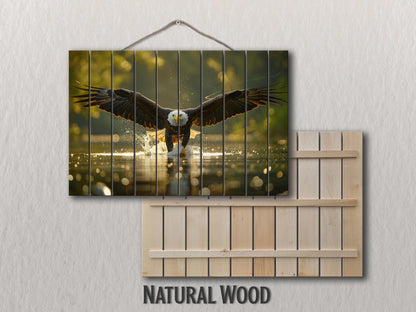 Hunting Eagle Painting Printed on Natural Wood, Birds Hunters Wall Art, Eagle Fishing, Hunter Gift, Wood Wall Art