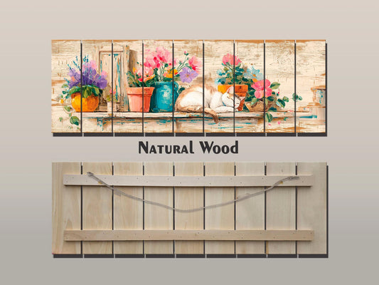 Wood Wall Art – Cozy Sleeping Cat Painting on Natural Wood Plank | Rustic Floral Decor