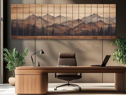 Rustic Wood Wall Art – Panoramic Mountain Art Print on Natural Wood Planks