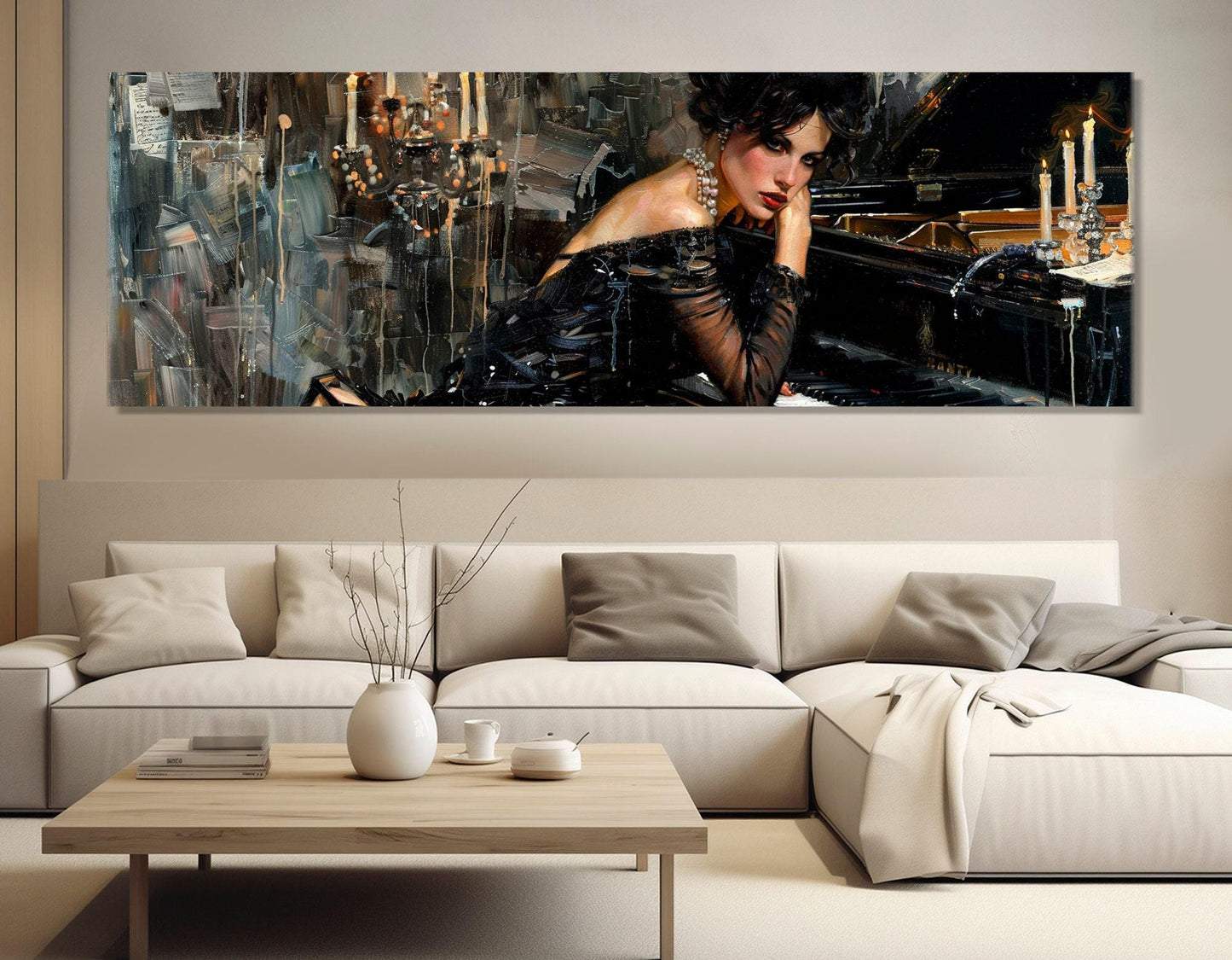 Elegant Woman Painting Canvas Print, Sexy Woman in Black Dress Playing Piano Canvas Print in Giovanni Boldini Style, Ready to Hang