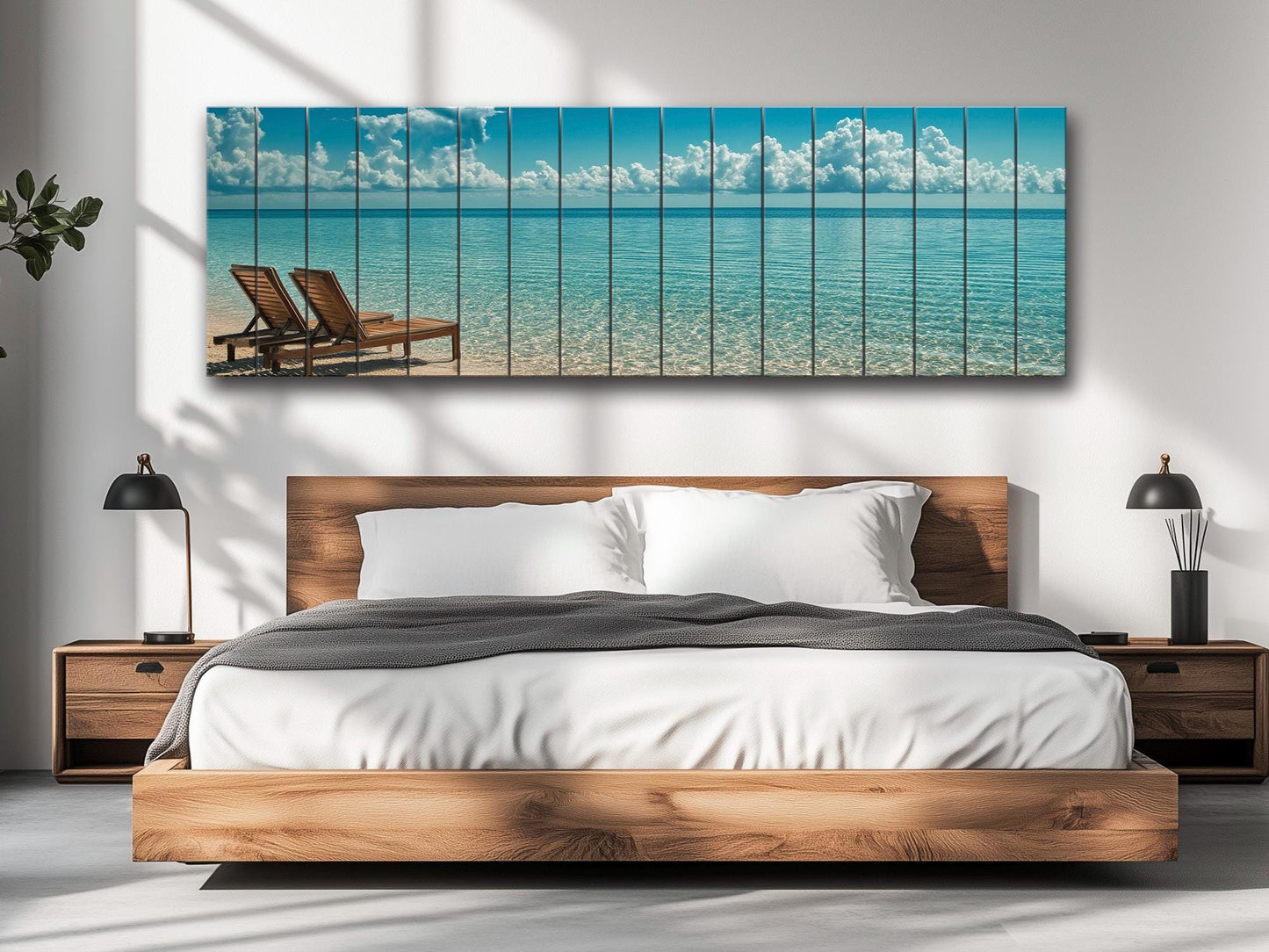 Scenic Beach with Deck Print on Natural Wood – Coastal Wall Art