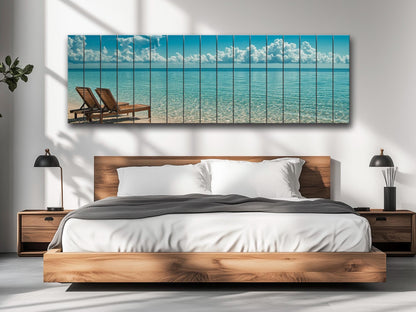 Scenic Beach with Deck Print on Natural Wood – Coastal Wall Art