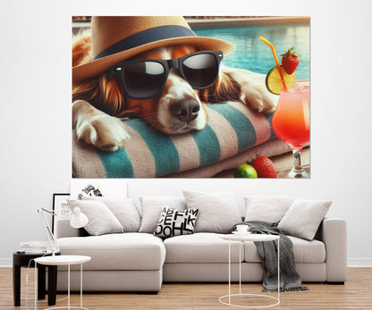 Dog Wall Art - Funny Dog Canvas with Hat and Glasses | Pool Wall Decor, Framed Canvas Print