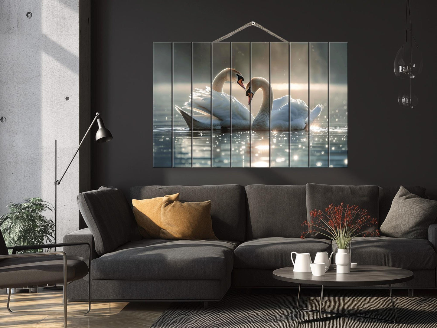 Wood Wall Art - Swans Couple Painting on Natural Wood Planks | Romantic Anniversary Gift