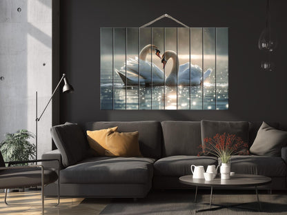 Wood Wall Art - Swans Couple Painting on Natural Wood Planks | Romantic Anniversary Gift