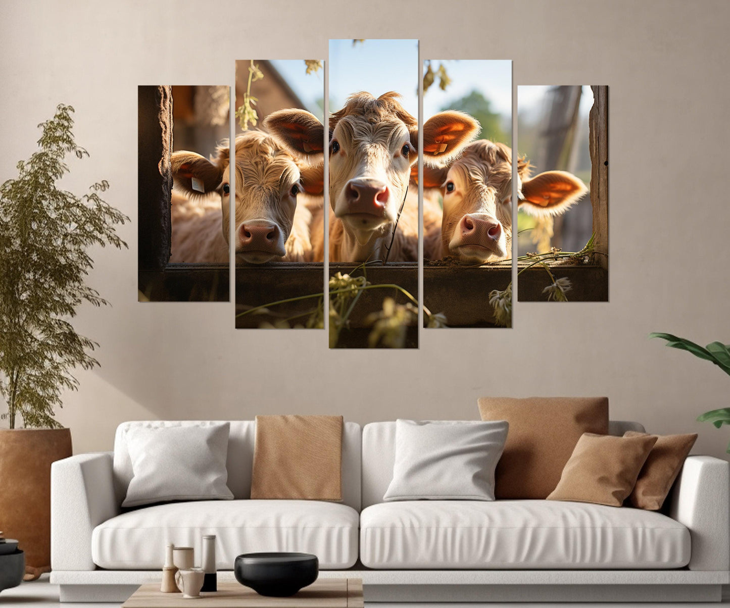 Cute Сalves Canvas Art, Cows Print, Calf Poster, Farm Wall Art, Framed and Ready to Hang