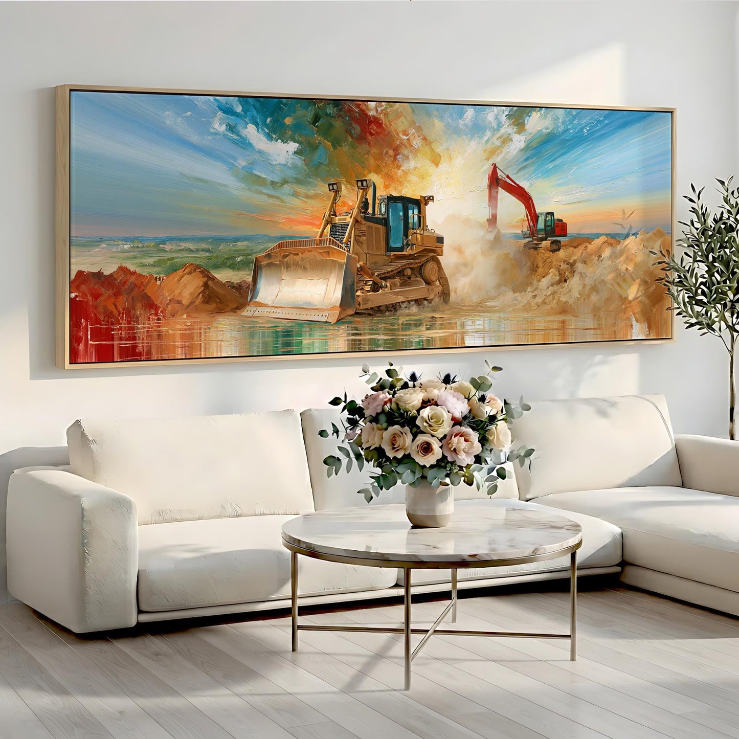 a large painting of a bulldozer on a construction site, with a vase of flowers on a coffee table in the foreground.