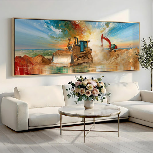 a large painting of a bulldozer on a construction site, with a vase of flowers on a coffee table in the foreground.