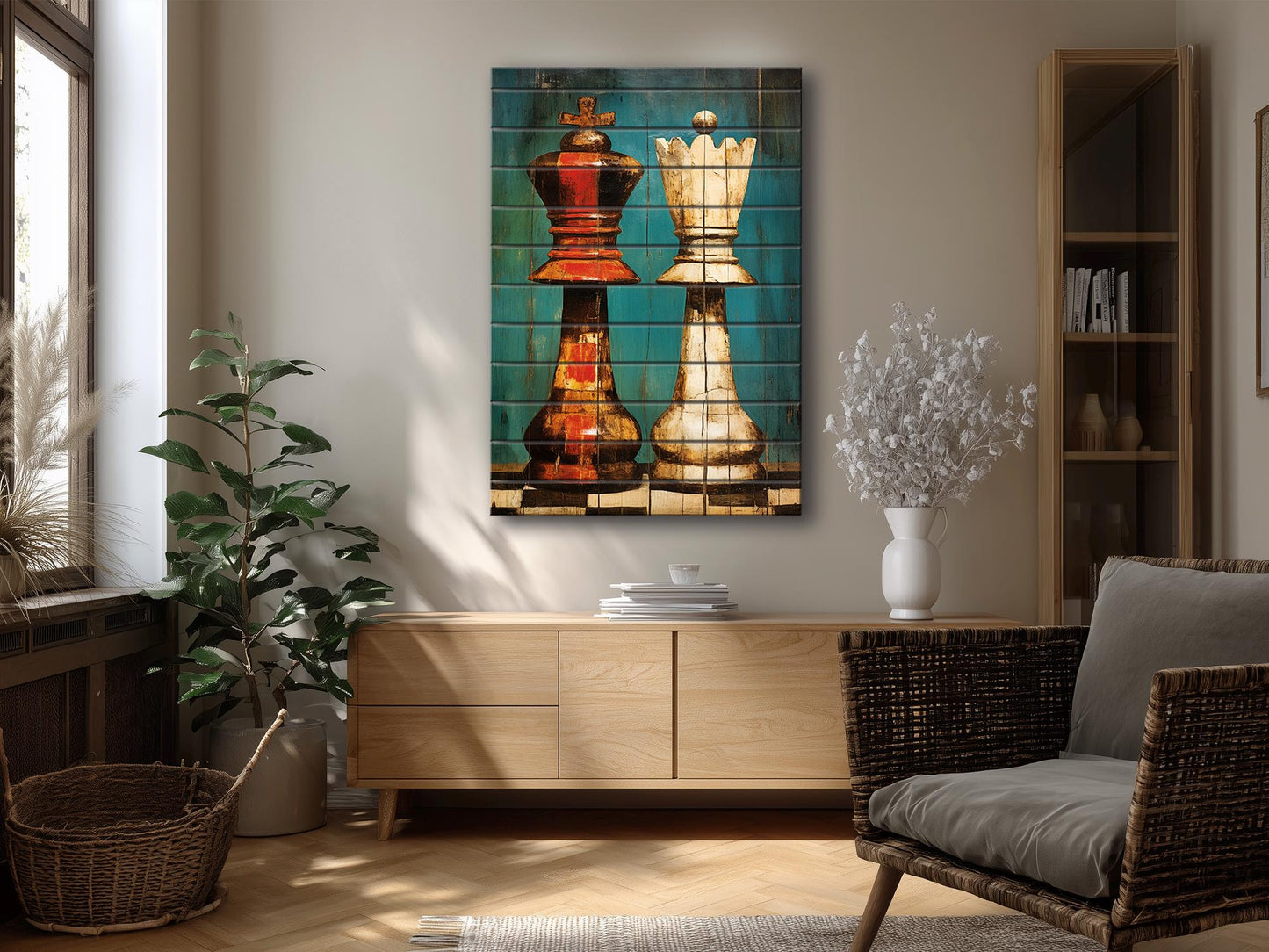 King Queen Chess Art - Rustic Wooden Chess Print On Natural Wood, Ready To Hang