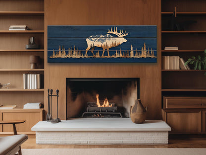 Elk Silhouette Wall Art - Rustic Wildlife Decor With Mountain Forest Print