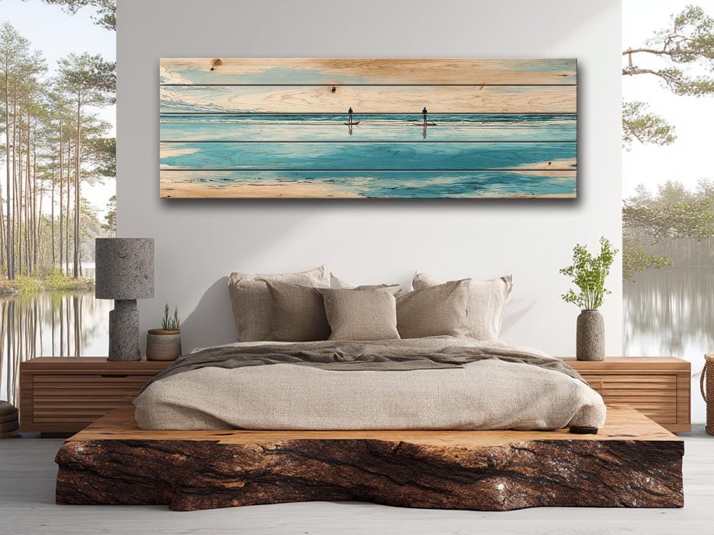Paddleboarding Wall Art – Nautical Coastal Print on Natural Wood | Rustic Beach House Decor