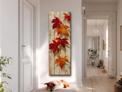 Rustic Wooden Wall Art – Falling Maple Leaves Print on Natural Wood Planks
