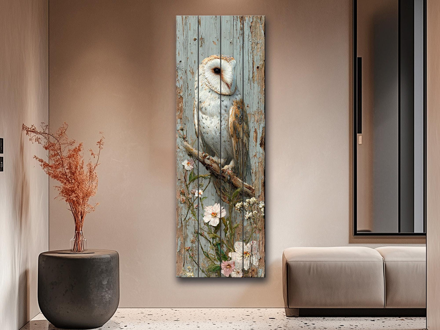 Rustic Wood Wall Art – Barn Owl and Wildflowers on Wood Planks – Farmhouse Nature Decor