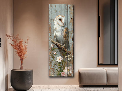 Rustic Wood Wall Art – Barn Owl and Wildflowers on Wood Planks – Farmhouse Nature Decor