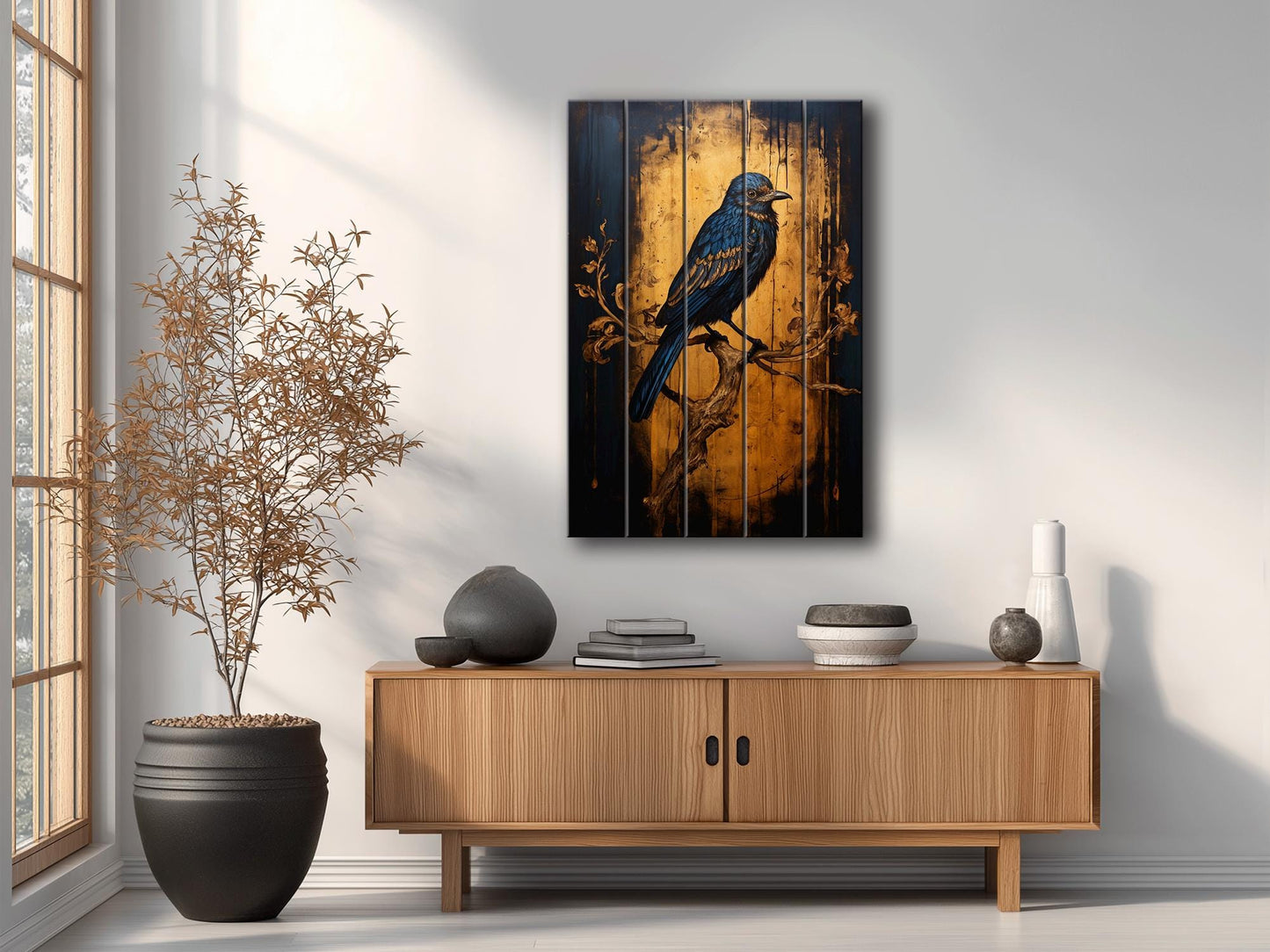 Vintage Blue Songbird Art – Rustic Wall Art on Natural Wood Plank with Fade Resistant Print