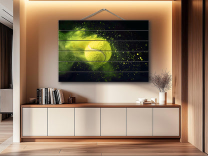 Tennis Wall Art – Abstract Tennis Painting on Natural Wood Plank Artwork