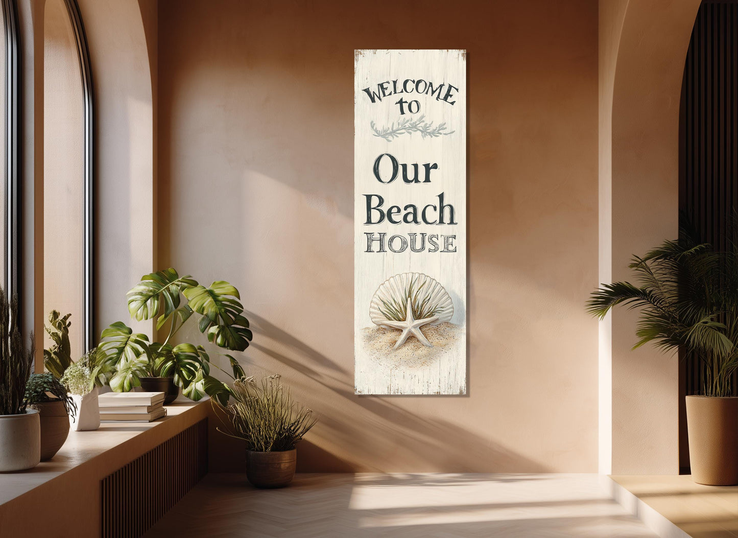 Beach House Wall Decor – Welcome Beach House Sign on Durable Cotton Canvas, Ready to Hang