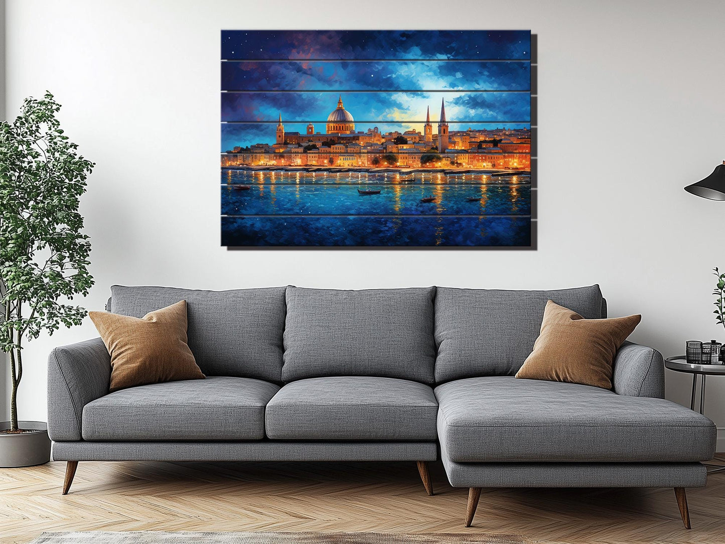 Wooden Wall Art - Rustic Valletta Skyline Print on Natural Wood Planks