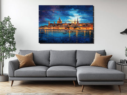 Wooden Wall Art - Rustic Valletta Skyline Print on Natural Wood Planks