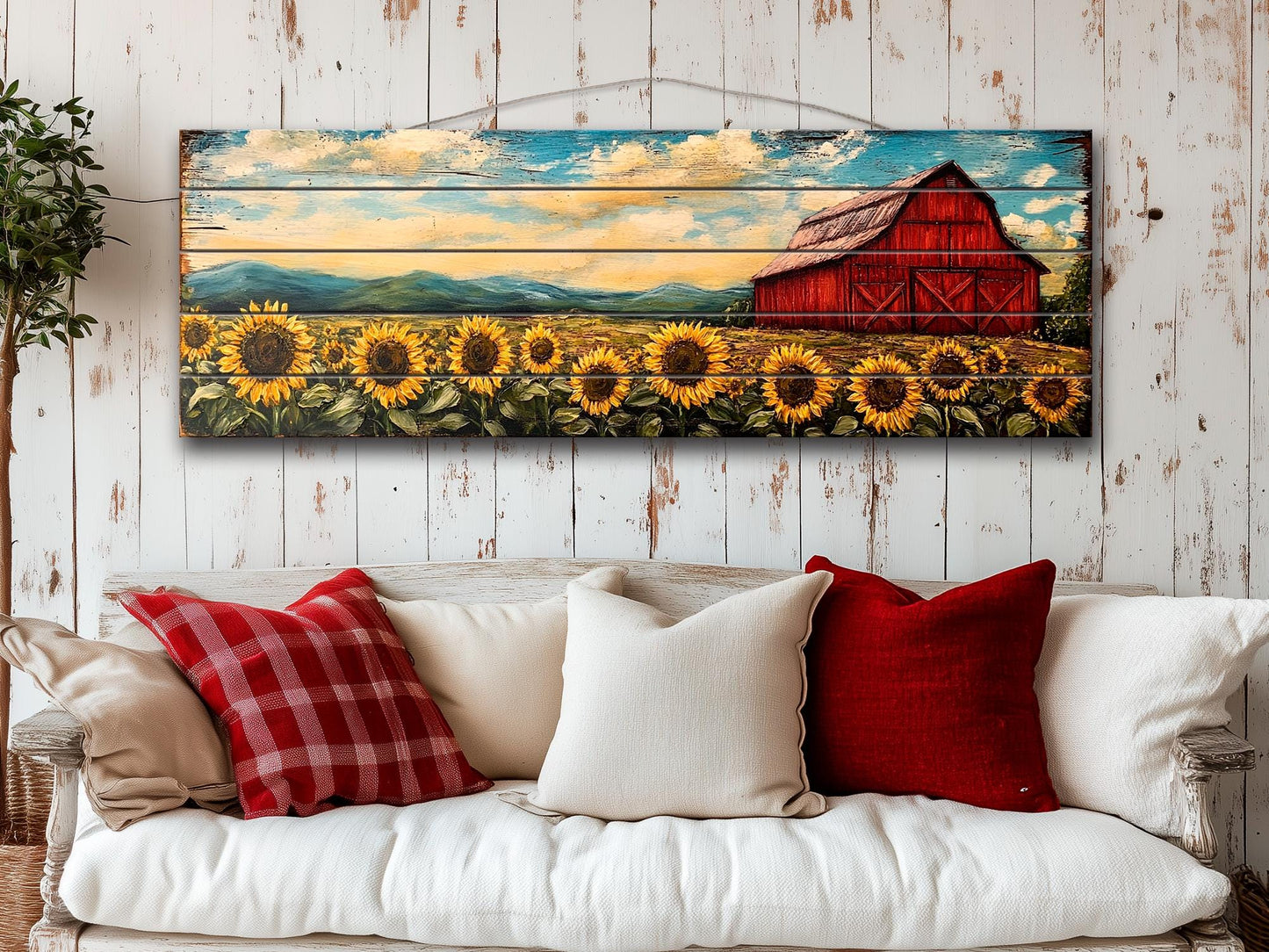 Rustic Wooden Wall Art – Old Red Barn on Sunflowers Field Print, Natural Wood Decor