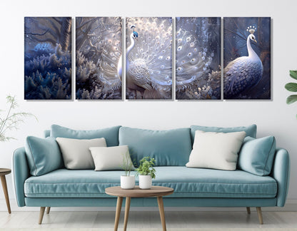 Peacocks Canvas Print – White Silver Fantasy Painting | Framed Gallery Wrapped Art