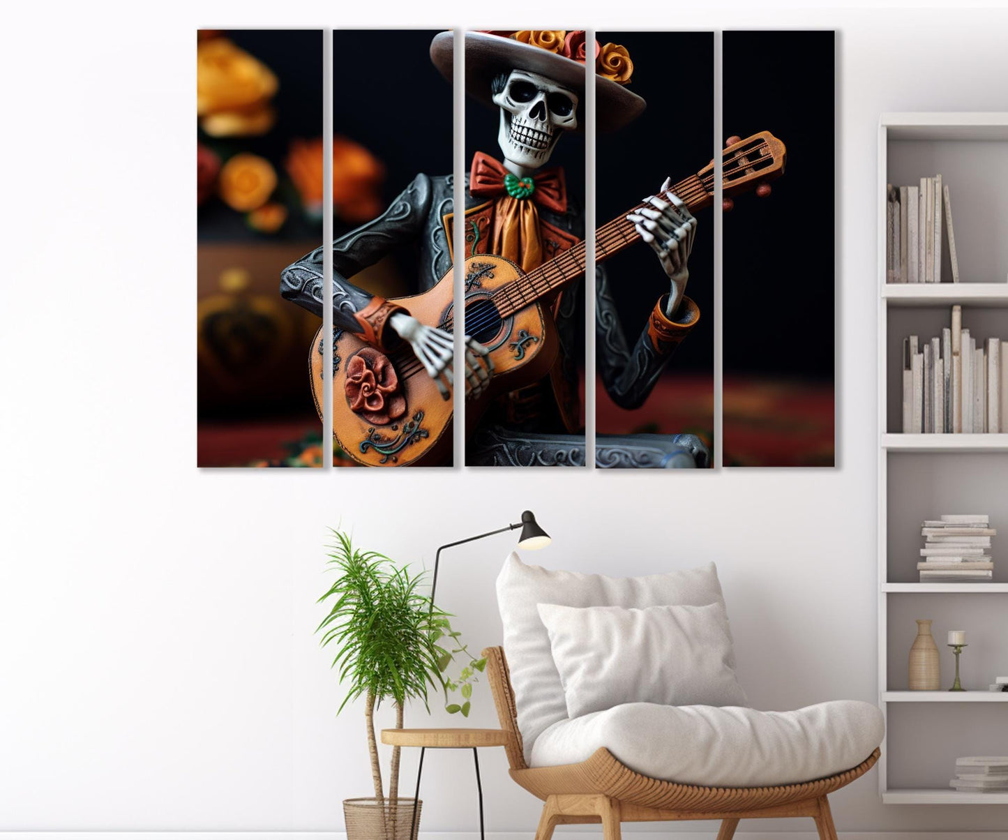 Skeleton Guitar Canvas – Framed Canvas Print | Day of the Dead Wall Art Decor