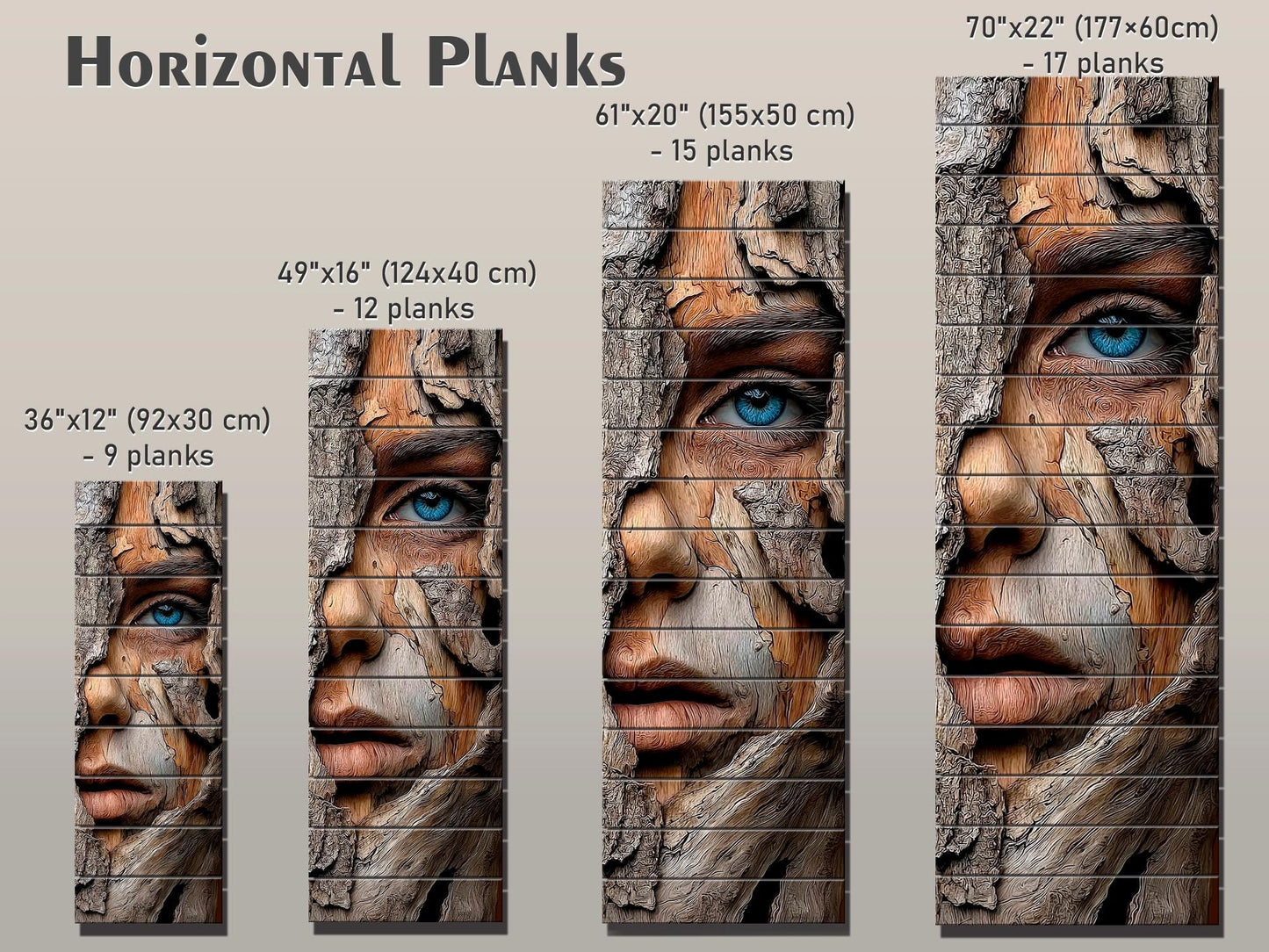 Beautiful Woman Face Print on Wood – Carved Bark Wall Art, Rustic Wall Decor