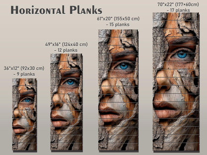 Beautiful Woman Face Print on Wood – Carved Bark Wall Art, Rustic Wall Decor