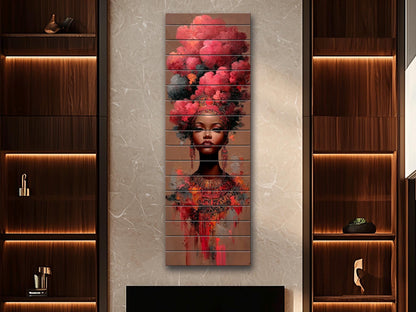 African Woman Wood Print – Tribal Wall Art With Red Cloud Headdress, Ready to Hang