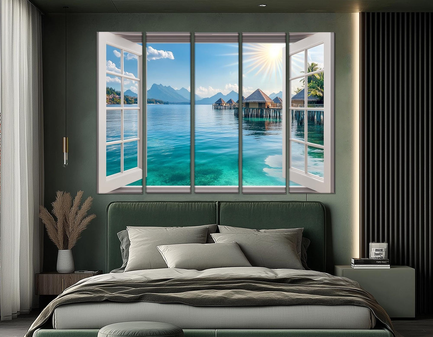 Maldives Canvas Print – Open Window View with Maldives Bungalows | Ready to Hang Framed Art