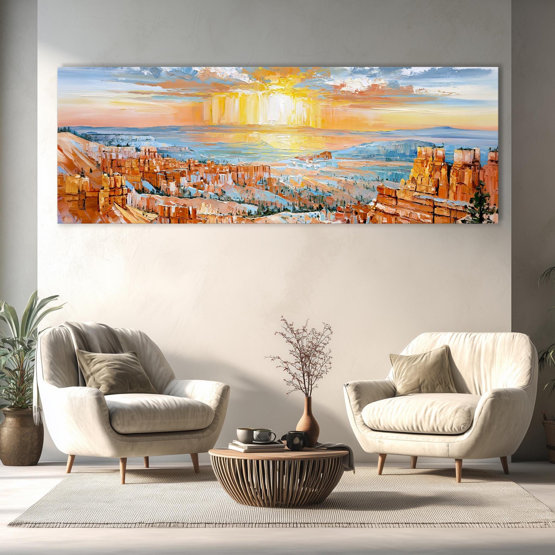 a large, colorful painting of a desert landscape hanging on a wall in a living room. The painting depicts a scenic view of a desert city with buildings and mountains in the background, set against a vibrant sky with sun rays. The room is furnished with two white armchairs and a coffee table, creating a cozy and inviting atmosphere.