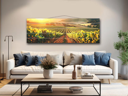 Vineyard Wood Print – Rustic Wood Wall Art with Sunlit Vineyard Landscape