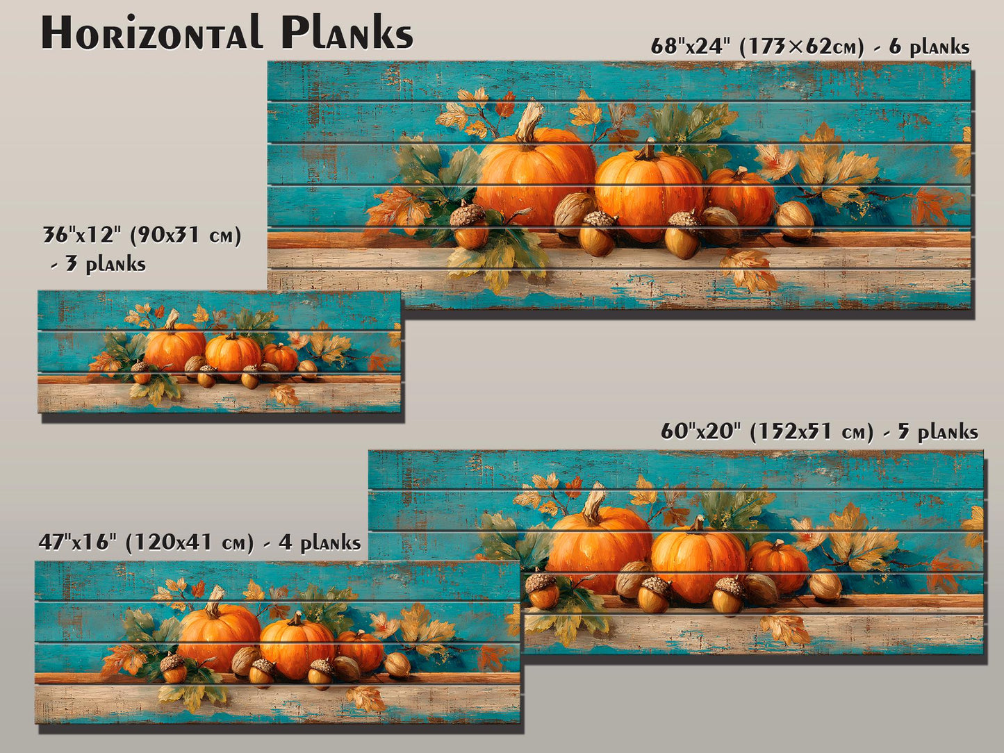 Wood Wall Art - Rustic Scene with Pumpkins, Leaves, and Acorns Print on Natural Wood, Farmhouse Wall Decor, Cozy Cabin Wall Art, Farm Decor
