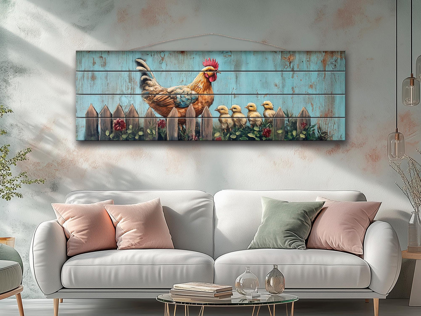 Rustic Wood Wall Art - Hen with Chicks Print on Natural Wood, Farmhouse Painting, Chicken Farm Decor, Chicken Coop Farmhouse Wall Decor