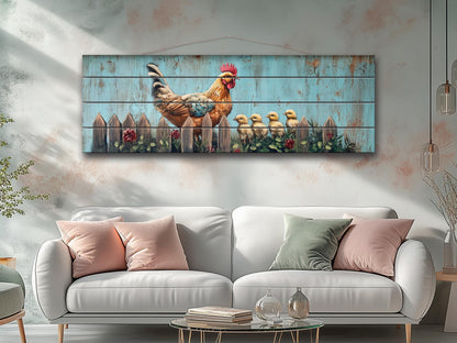 Rustic Wood Wall Art - Hen with Chicks Print on Natural Wood, Farmhouse Painting, Chicken Farm Decor, Chicken Coop Farmhouse Wall Decor
