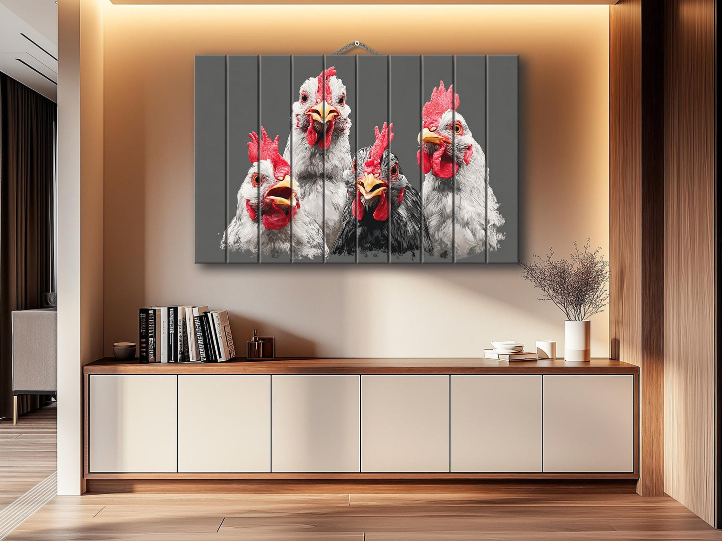 Happy Chickens Wood Print – Rustic Farmhouse Wall Art | Wood Plank Artwork