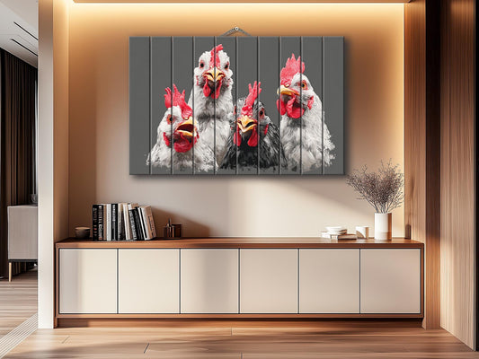 Happy Chickens Wood Print – Rustic Farmhouse Wall Art | Wood Plank Artwork
